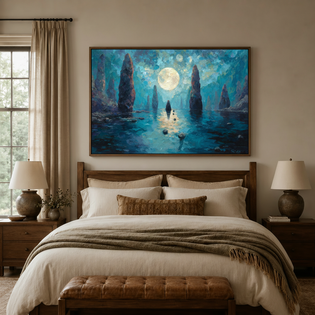 Moody blue moon painting framed canvas art hanging above bedroom headboard with warm symmetrical table lamps