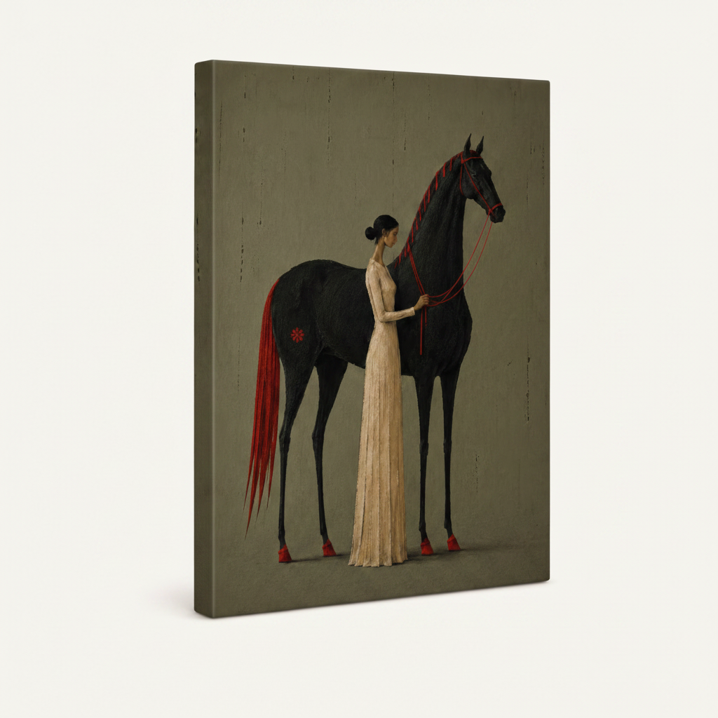 Gallery-wrapped canvas side view of dark horse and woman painting on sage-green background