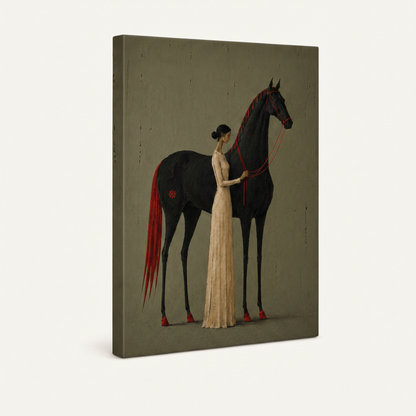Gallery-wrapped canvas side view of dark horse and woman painting on sage-green background