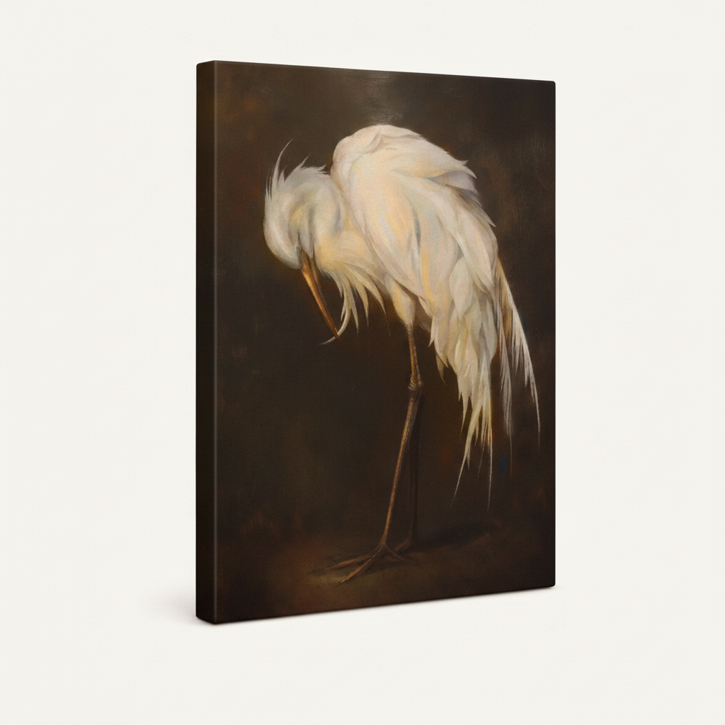 Gallery-wrapped canvas side view of moody white egret oil painting on deep brown ground