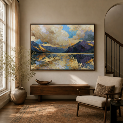 Framed alpine sunrise landscape canvas wall art in entryway with walnut console and dried botanical decor