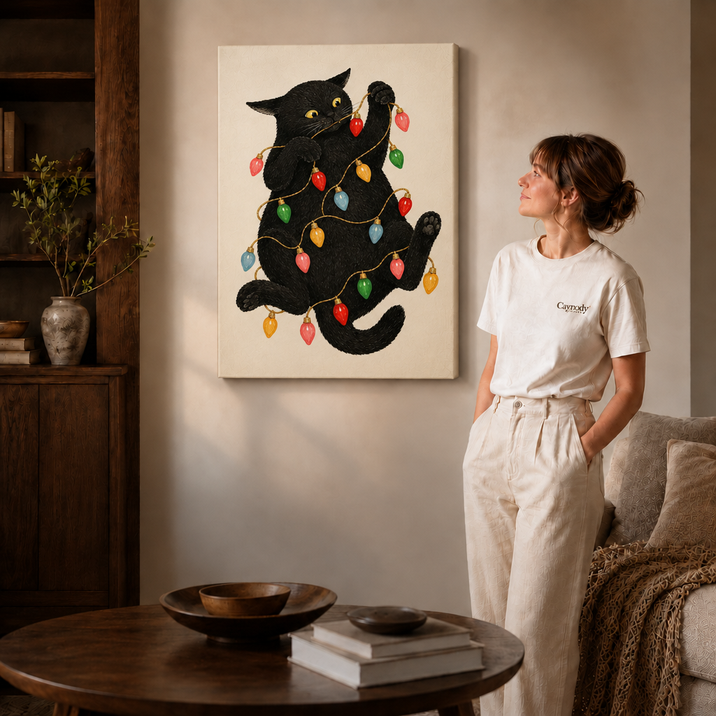 Gallery-wrapped black cat Christmas lights canvas above a round table in a warm living room.