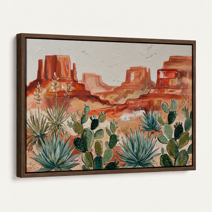 Southwest desert painting in dark walnut float frame, angled side view on white background