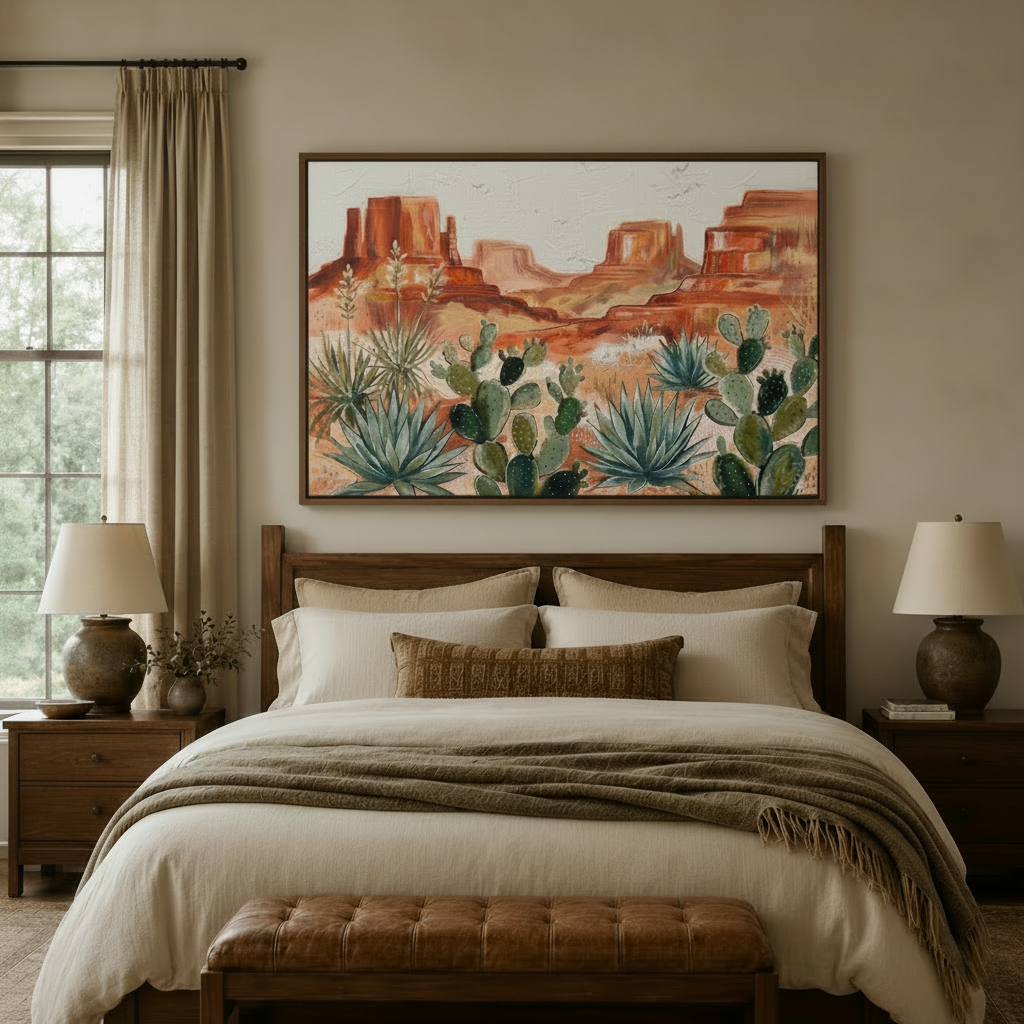 Southwest desert landscape canvas above rustic wood bed in warm neutral bedroom