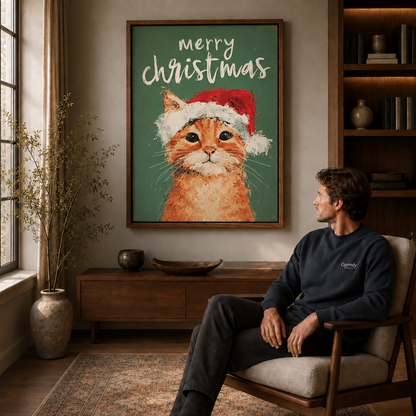 Ginger cat holiday wall art featuring a fluffy red-and-white Santa hat against a deep evergreen background.