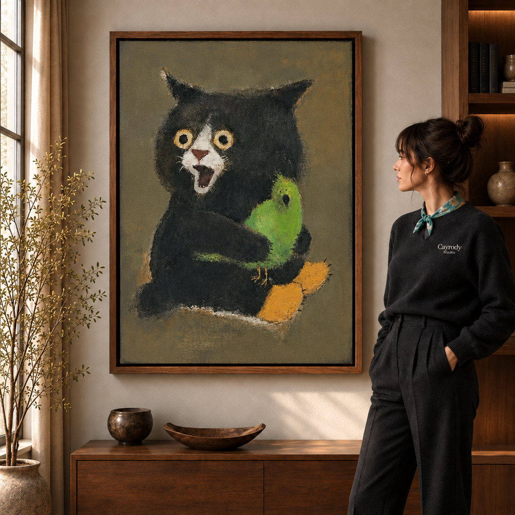 Walnut-framed canvas shows a wide-eyed black cat cradling a green bird beside a woman in a sunlit room.