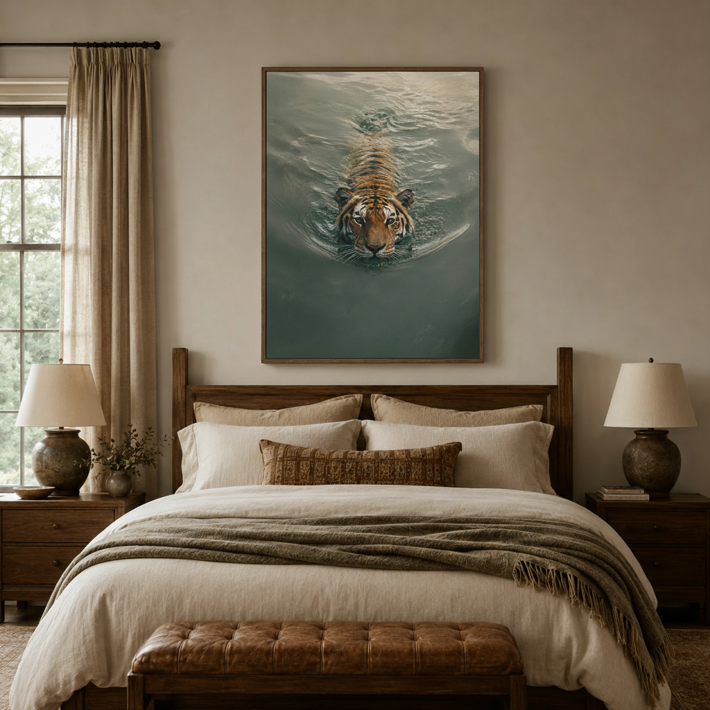 Moody Bengal tiger swimming canvas print above wood-frame bed in rustic earth-tone master bedroom