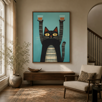 Funny cat holding two drinks retro canvas art above walnut console in a warm neutral entryway