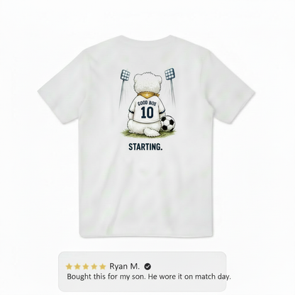 Starting Good Boii Fluffy Dog Soccer Graphic Tee