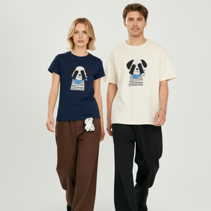Cute Panda Face Dog Stripe Blue Scarf Tee T7087