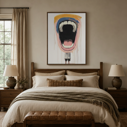 Expressive abstract canvas wall art above wooden bed in cozy bedroom with warm lamp light and linen bedding