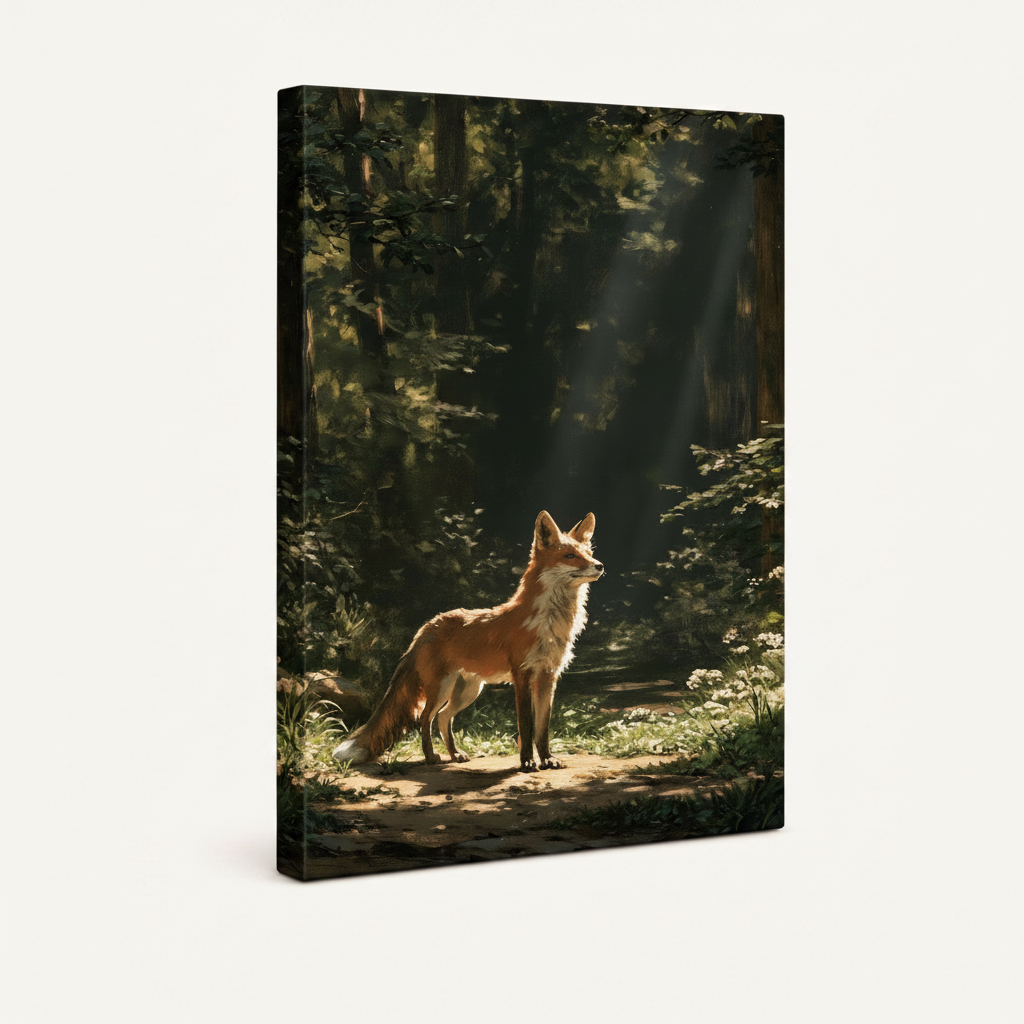 Gallery-wrapped canvas side view of fox forest art print showing dark woodland and golden light wrapping around canvas edges