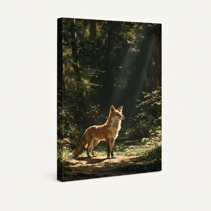Gallery-wrapped canvas side view of fox forest art print showing dark woodland and golden light wrapping around canvas edges
