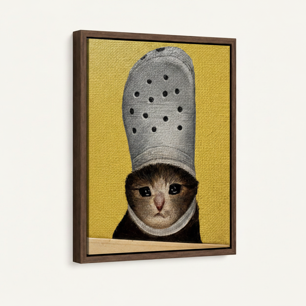 Walnut framed canvas side angle of wide-eyed kitten wearing gray Croc as hat against bold lemon yellow background