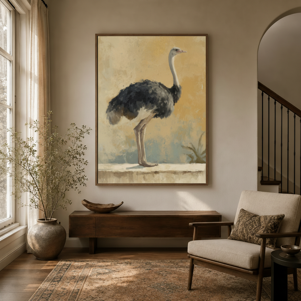 Vintage ostrich canvas print in walnut frame above dark console table in warm neutral entryway