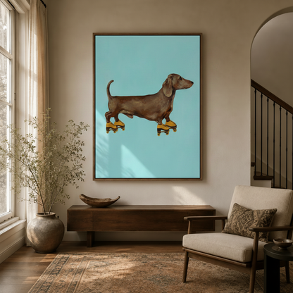 Dachshund roller skate canvas art in walnut frame above console in warm neutral entryway with arched staircase