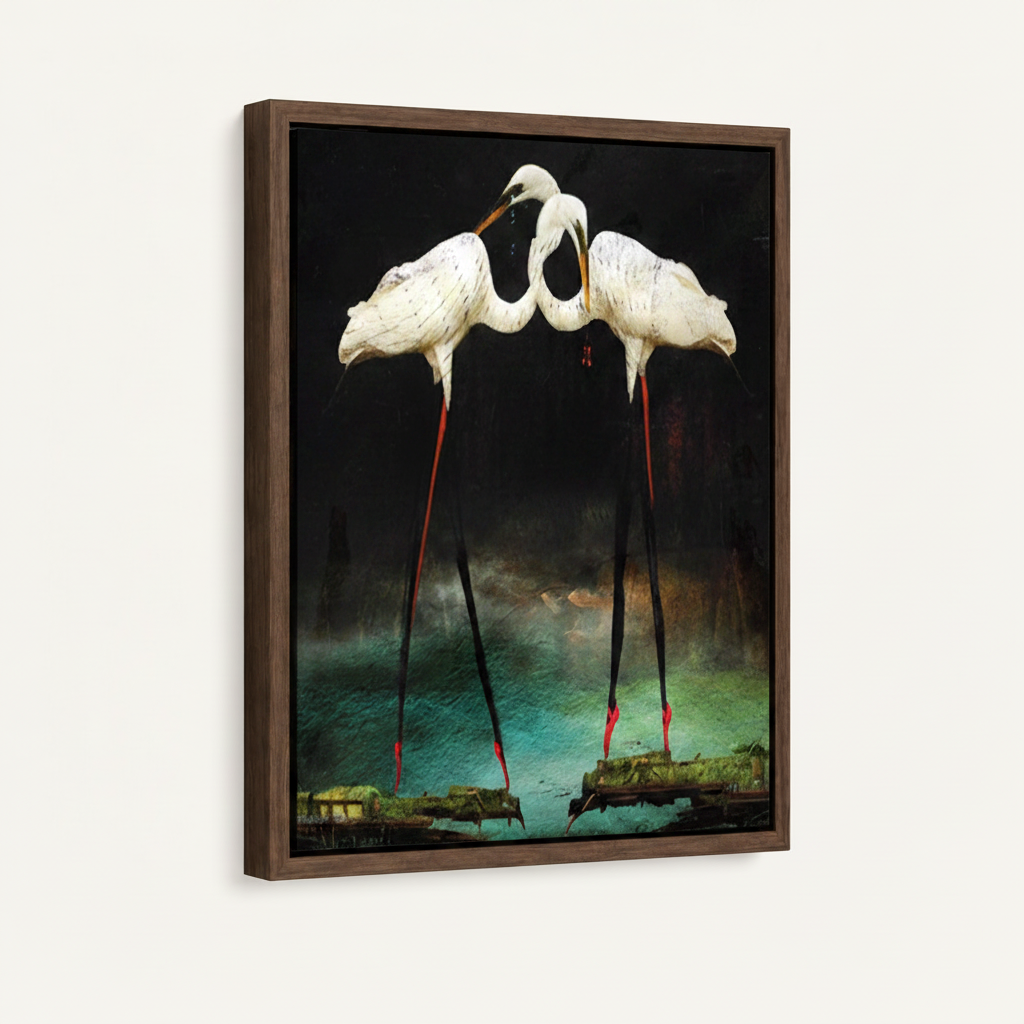 Walnut framed canvas side angle of two white egrets with crimson legs facing each other over glowing teal wetland