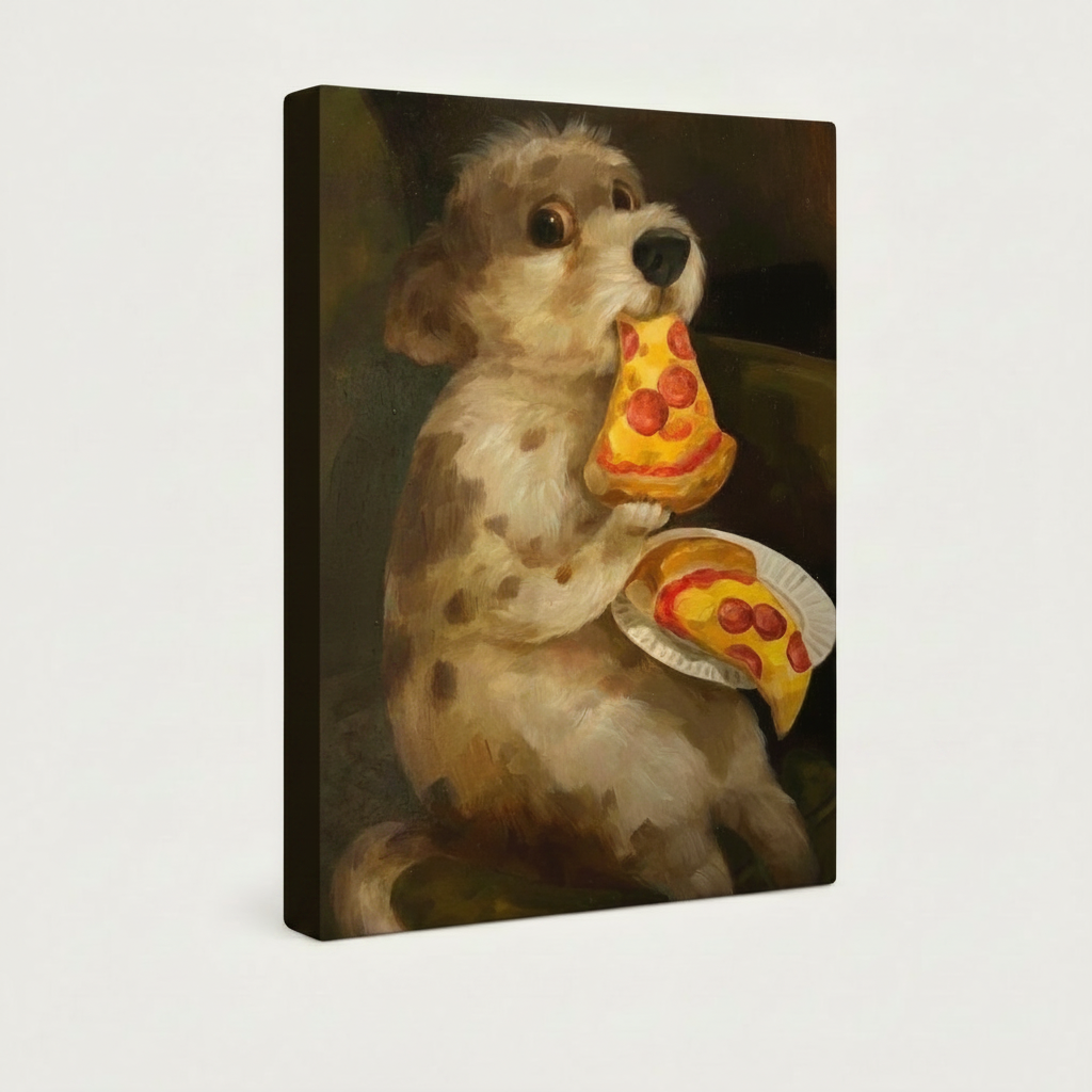 Gallery-wrapped canvas side view of funny dog pizza portrait showing warm brown and golden tones wrapping around edges