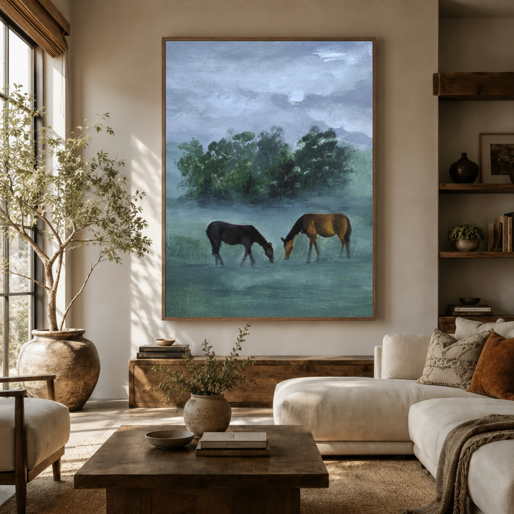 Large pastoral horse oil painting canvas on living room wall above white sofa with rustic wood shelves and olive tree