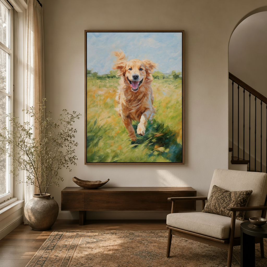 Golden retriever canvas art in walnut frame above console in warm neutral entryway with arched staircase and natural light