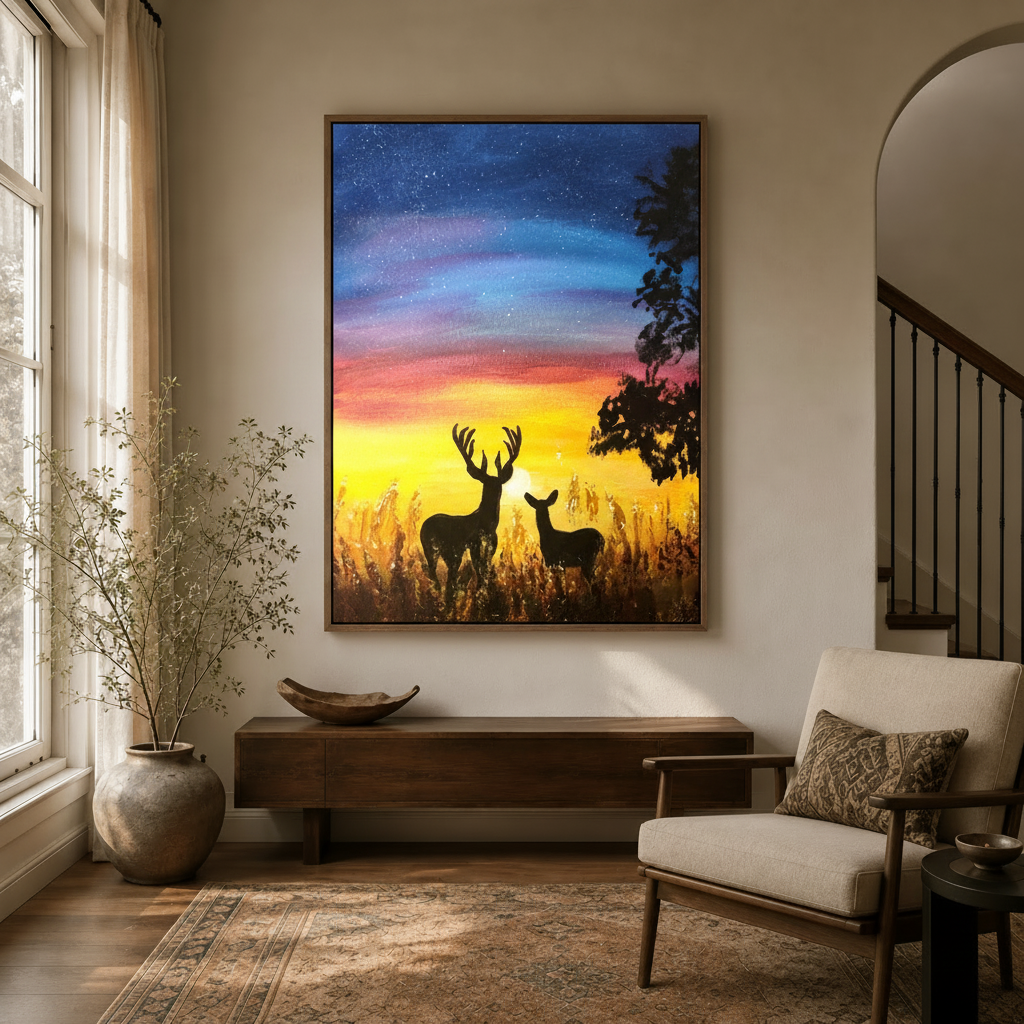 Framed deer sunset canvas print displayed above wooden console in warm neutral entryway
