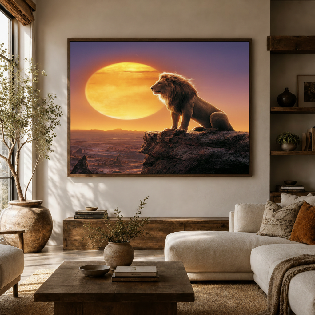 Large framed African lion canvas print hanging above a sofa in a bright neutral living room