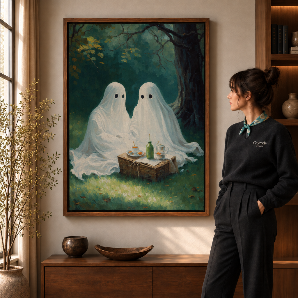 Ghost at the window canvas wall art glowing softly in a shadowy, folklore-inspired interior scene.