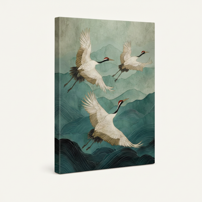Gallery-wrapped canvas side view of Japanese crane art print showing teal mountain landscape wrapping around canvas edges