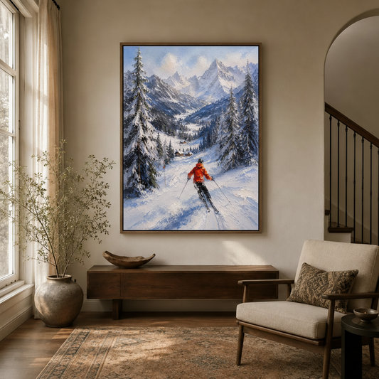 Alpine skier red jacket impressionist canvas wall art in walnut frame above console table in warm neutral entryway
