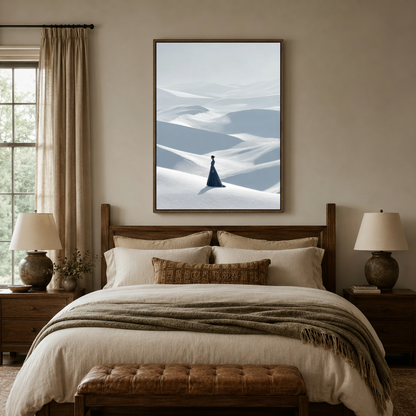 Desert figure minimalist canvas print above bed in cozy rustic bedroom with warm lighting