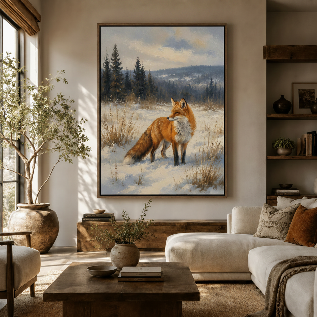Large vintage red fox canvas print on living room wall above white sofa with olive tree and wooden accents