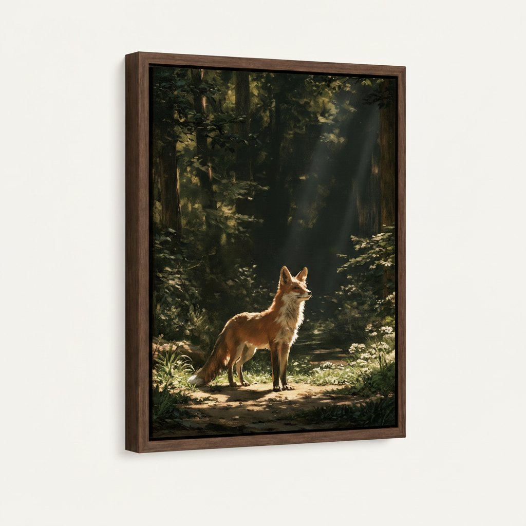 Walnut framed canvas side angle of red fox standing on sunlit forest path surrounded by deep green trees and wildflowers