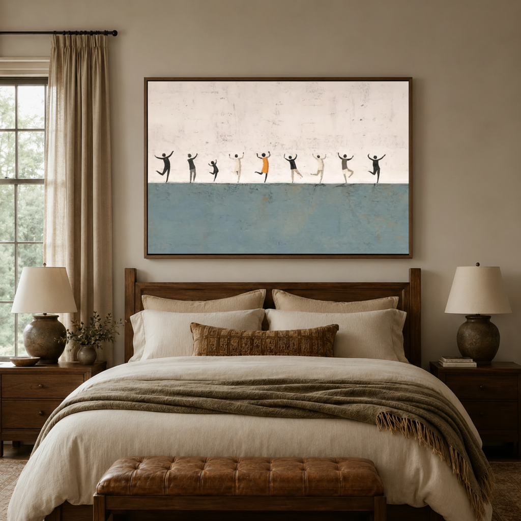 Minimalist dancing figures canvas art above a wooden bed in a cozy neutral bedroom with linen bedding