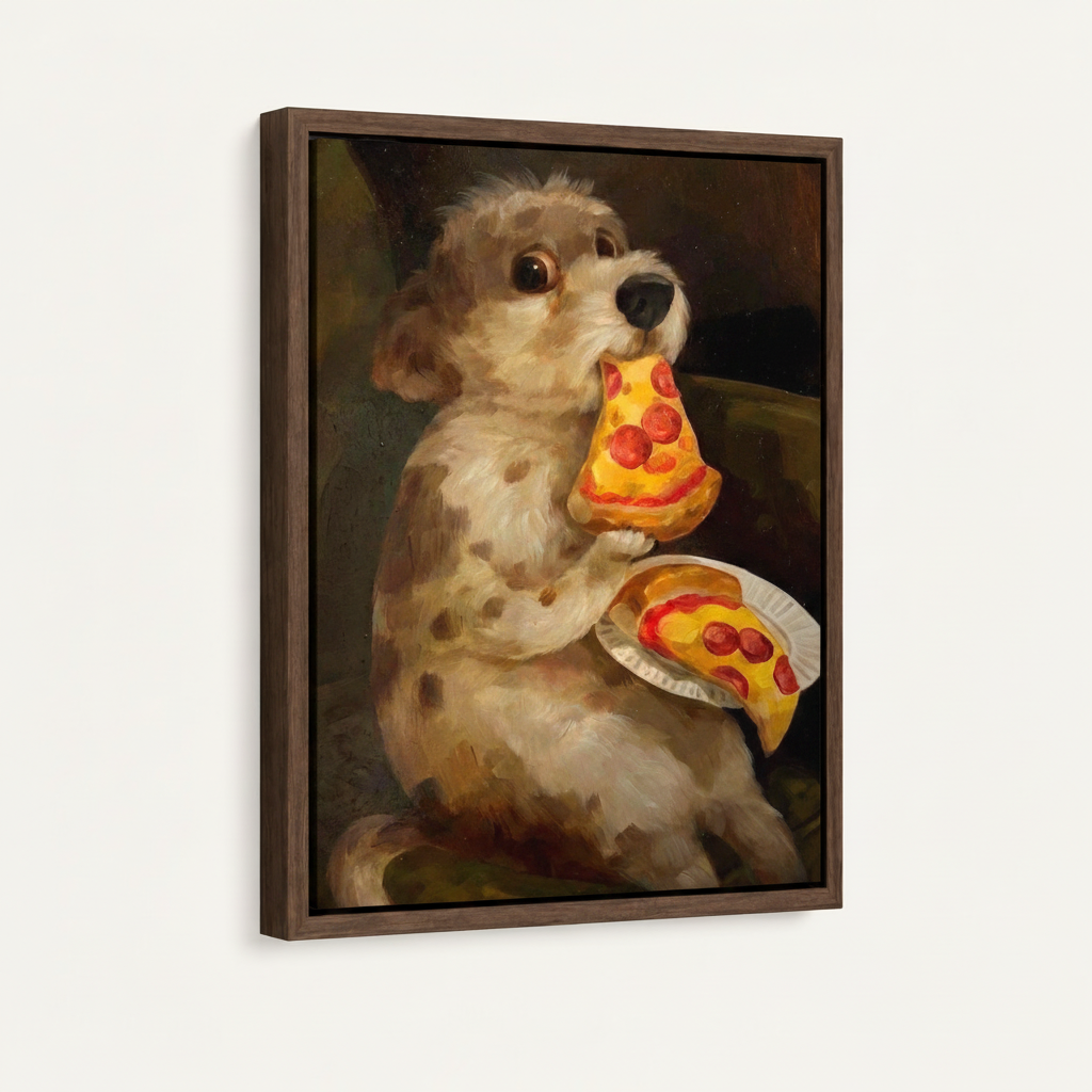 Walnut framed canvas side angle of scruffy dog holding two pepperoni pizza slices in classic dark oil painting style