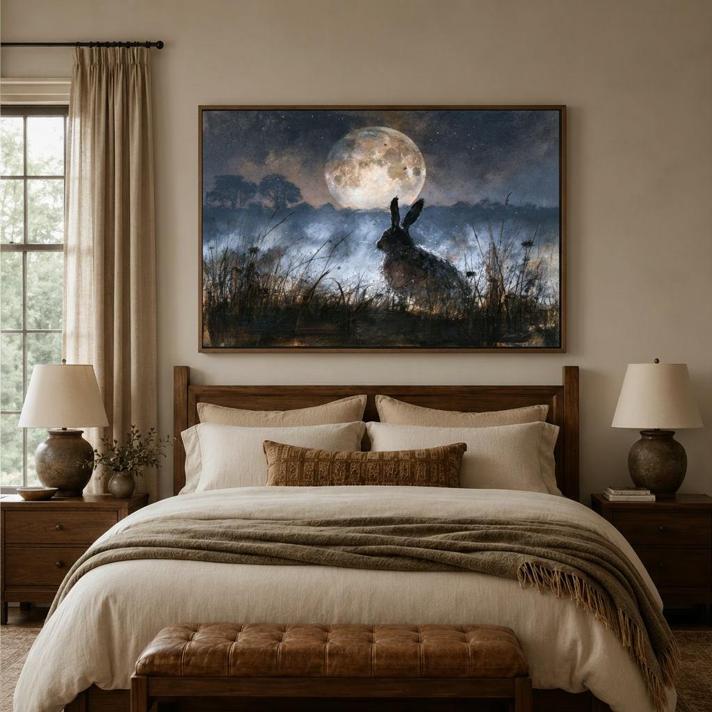 Moonlit hare canvas art above a wooden bed in a warm rustic bedroom with linen bedding and table lamps