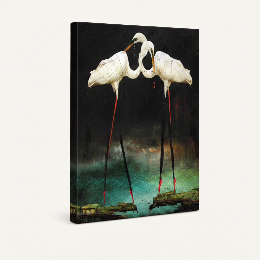 Gallery-wrapped canvas side view of surrealist egret art print showing dark teal wetland wrapping around canvas edges