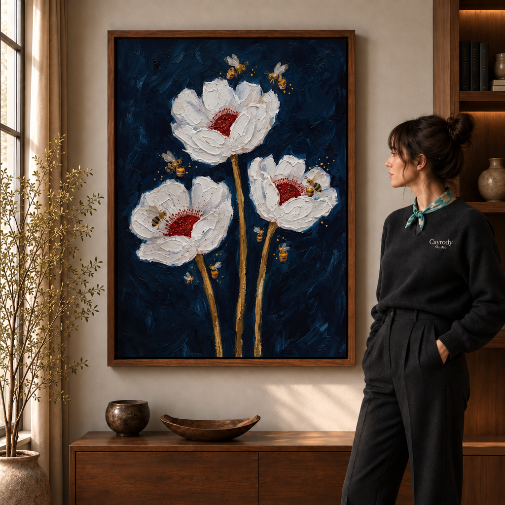 Three flowers in a floral canvas wall art composition.