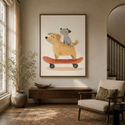 Dog and cat skateboard canvas art displayed in framed print in warm entryway with wooden console