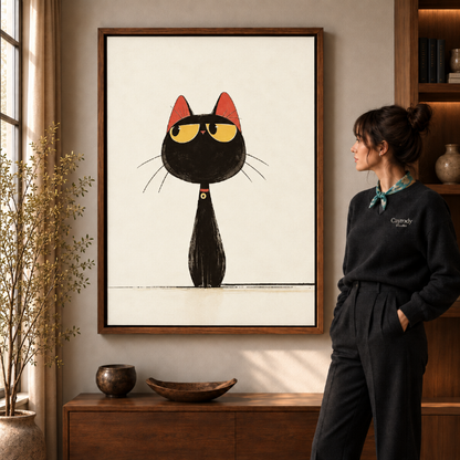 Whimsical black cat canvas print framed on a sunlit wall beside a woman in a modern living room
