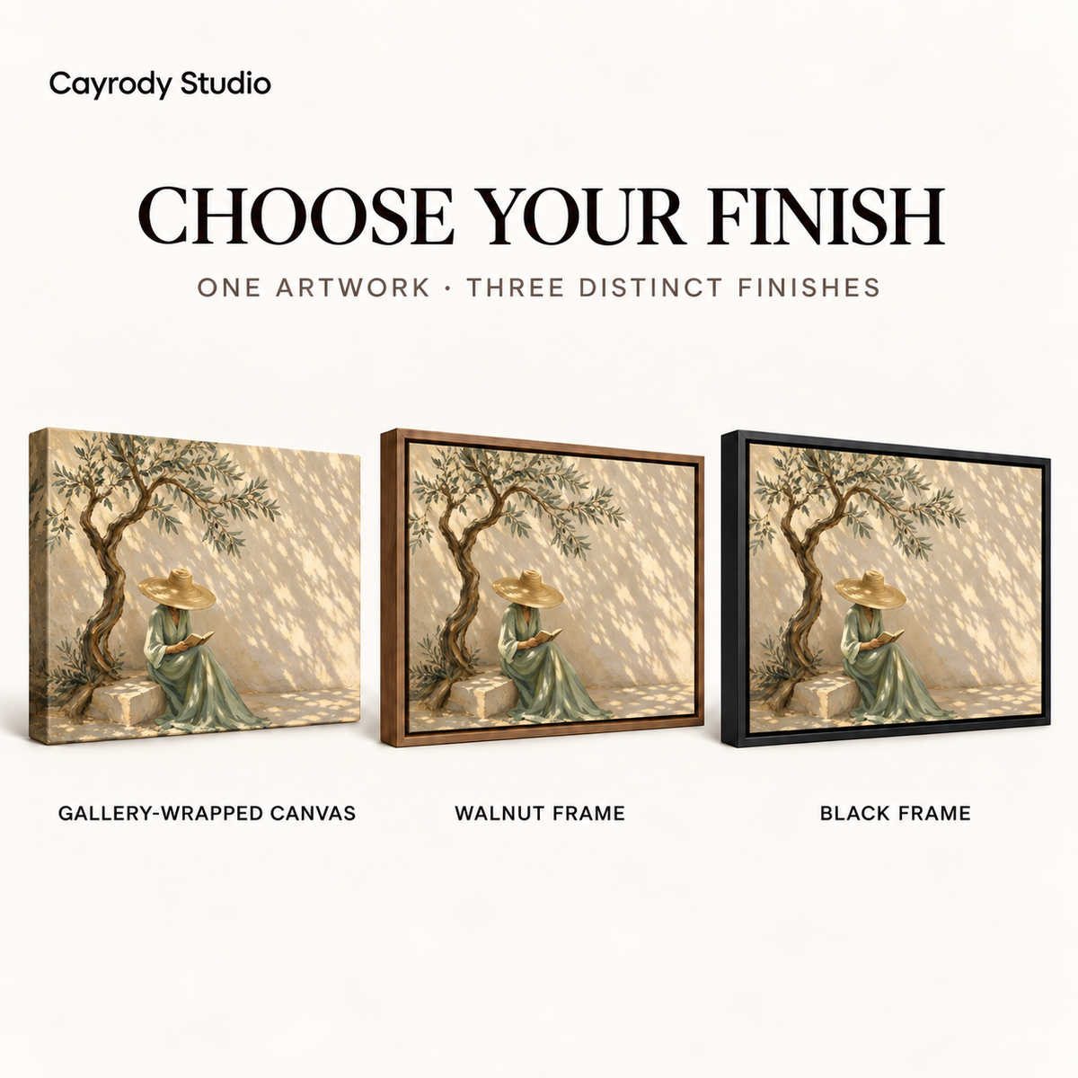 Olive tree reader canvas wall art comparison showing gallery wrapped canvas, walnut frame, and black frame finishes.