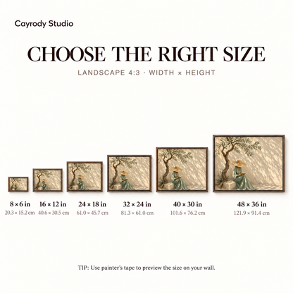 Olive tree reader canvas wall art size guide showing six available sizes with inch and centimeter measurements.