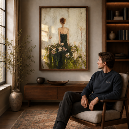 Floral woman canvas wall art in a walnut frame above a seated man near a sunlit window.