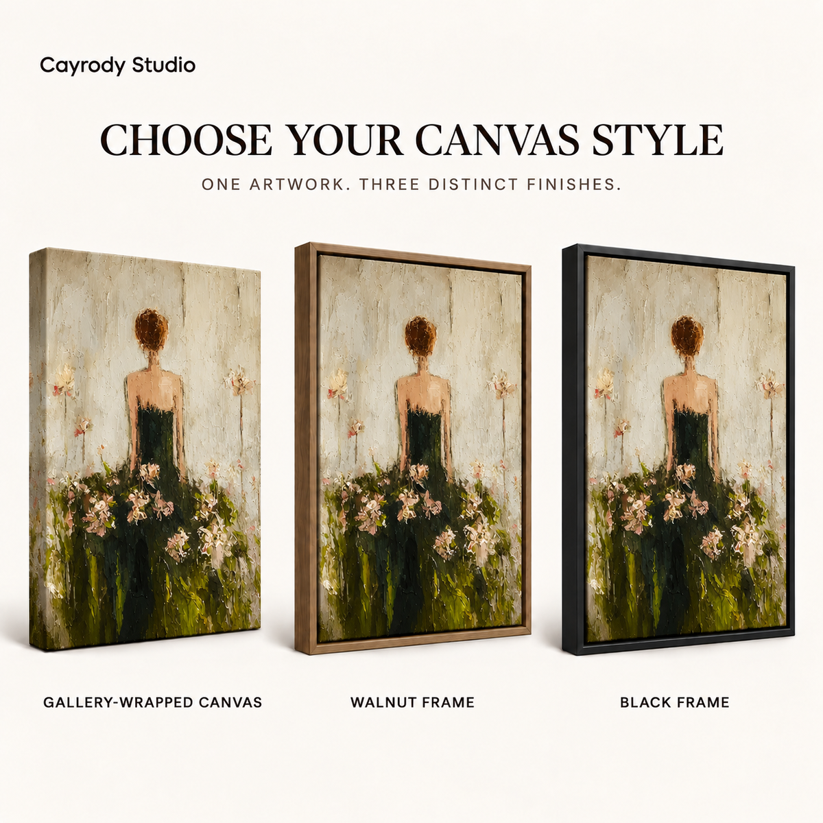 Floral woman canvas wall art comparison showing gallery wrapped canvas, walnut frame, and black frame finishes.