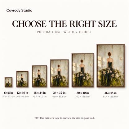 Floral woman canvas wall art size guide showing six available sizes with inch and centimeter measurements.