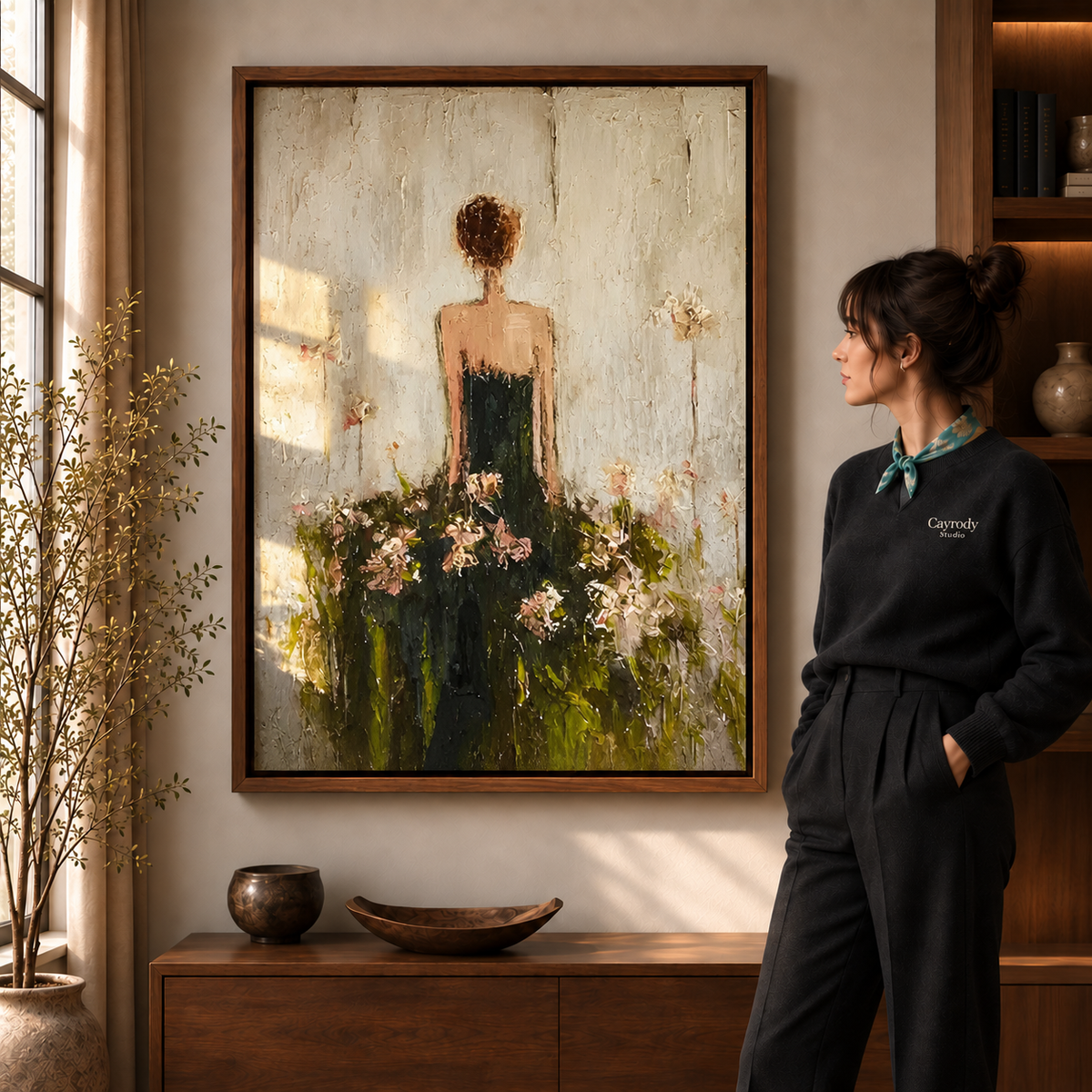 Floral woman canvas wall art walnut framed option displayed beside a standing woman in the warm room.