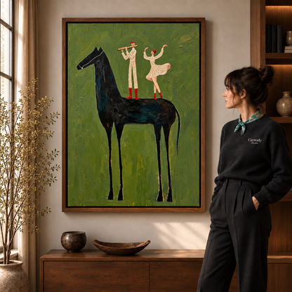 Whimsical black horse canvas wall art displayed in a walnut frame beside a standing woman and wooden cabinet.