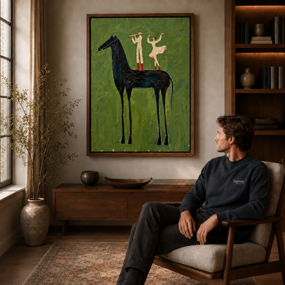 Whimsical black horse canvas wall art in a walnut frame above a seated man near a sunlit window.