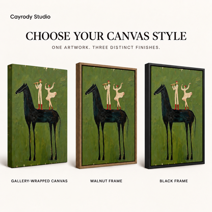 Whimsical black horse canvas wall art comparison showing gallery wrapped canvas, walnut frame, and black frame finishes.