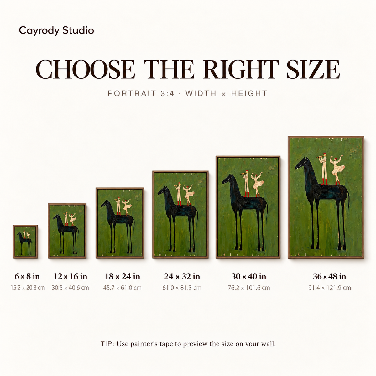 Whimsical black horse canvas wall art size guide showing six available sizes with inch and centimeter measurements.