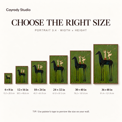 Whimsical black horse canvas wall art size guide showing six available sizes with inch and centimeter measurements.